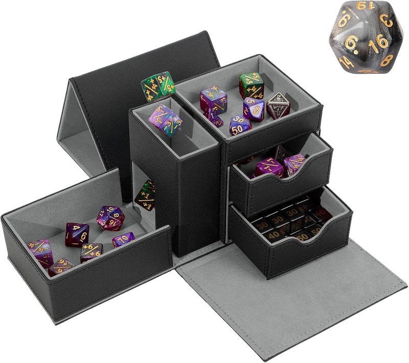 Stepane Dice Tray & Dice Tower Storage Box, 3 in 1 Dice Holder Case (Dice Rolling Tray, Dice Rolling Tower, Dice Storage Drawers), Leather Magnetic Closure DND Accessories Gifts for RPG MTG, Black/Grey - Image 1